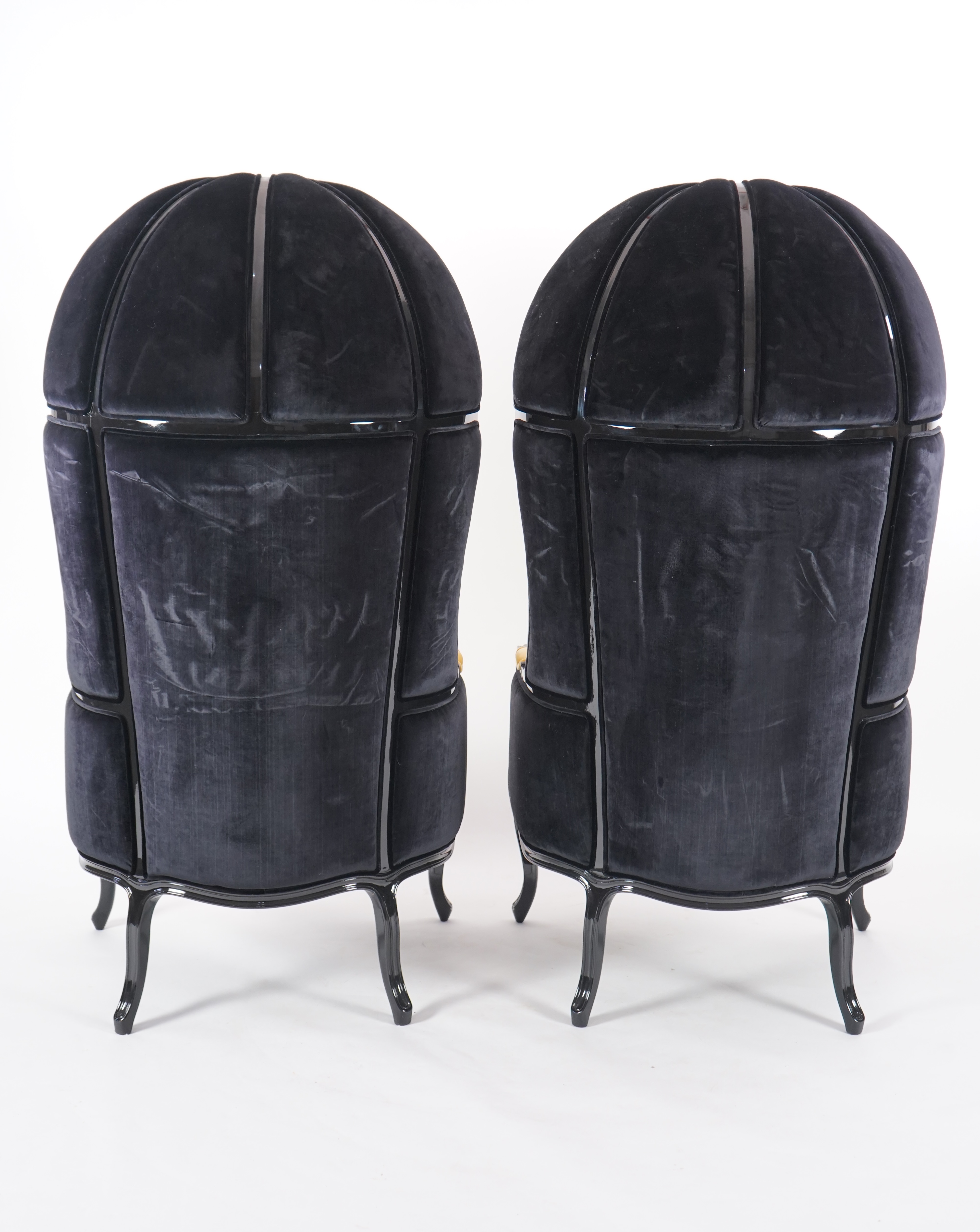 A pair of Namib ebonised and sand coloured satin cotton fabric lounger armchairs, by Brabbu, width 77cm, depth 75cm, height 160cm. Condition - good